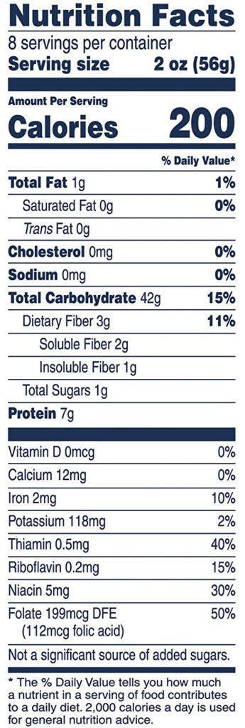 Nutritional composition of dried pasta