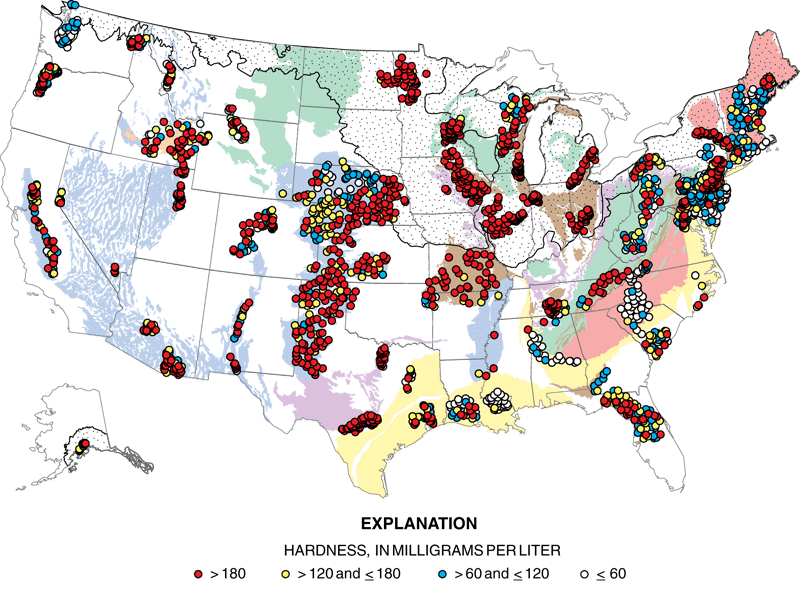 Picture depicting the hardness of water taken from over 2100 wells in the USA
